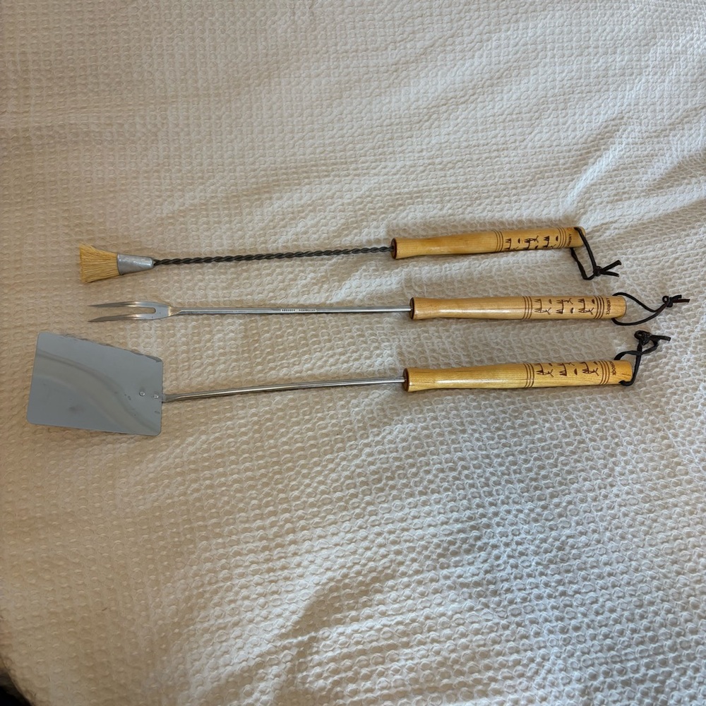 Vintage Androck Wood Silver BBQ Tool Set of 3 Deer Stainless Steel 22”